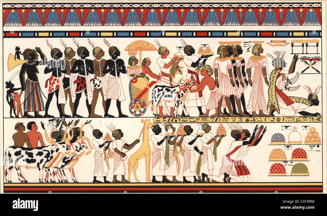 geography / travel, Egypt, finances, taxes, Nubian chieftans bringing tribute, mural painting, tomb of Hui, Thebes West, circa 18th dynasty, reconstruction of Karl Richard Lepsius, 'monuments of Egpyt and Ethiopia', 1849 - 1859, Additional-Rights-Clearences-Not Available Stock Photo