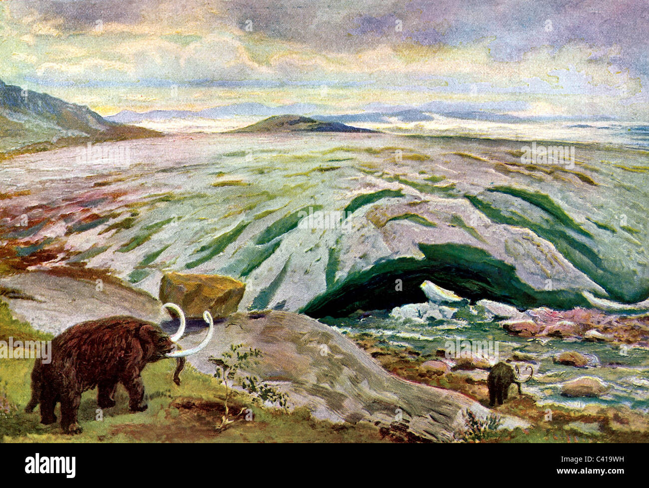 prehistory, landscape in ice age, mammoth, illustration by Wilhelm Kranz, circa 1920, Additional-Rights-Clearences-Not Available Stock Photo