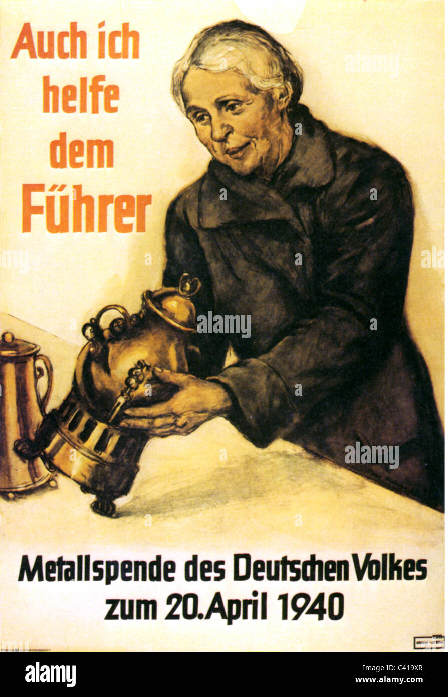 Nazism / National Socialism, propaganda, metal donation on occasion of Hitler's birthday on 20 April 1940, woman donating a coffee maker, motto: 'I help the Fuehrer, too', Additional-Rights-Clearences-Not Available Stock Photo