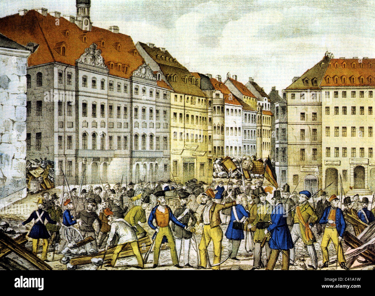 revolution 1848 - 1849, Germany, Dresden, insurgent from the Altmarkt 6.5. 1849, contemporary image, Germany, flag, flags, barricade, barricades, go on the warpath, revolution, protest, national uprising, national uprisings, riot, riots, insurgent ...