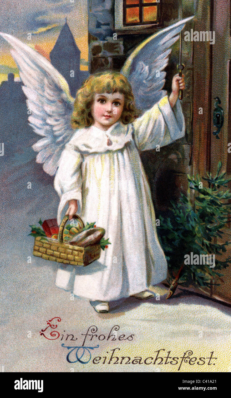 Christmas, kitsch, angel ringing at door, postcard, circa 1900