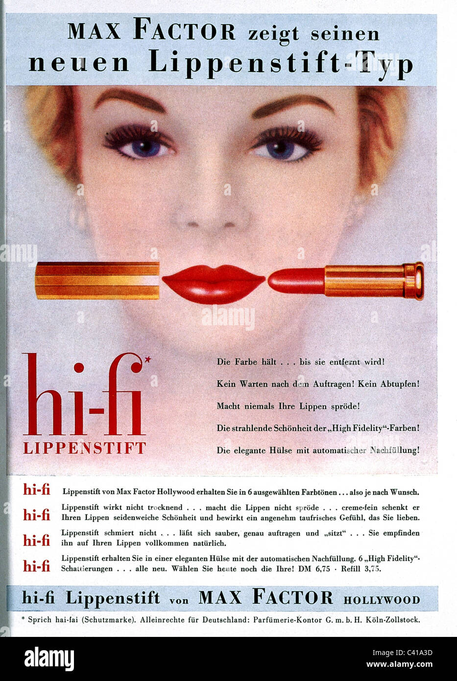 advertising, cosmetics, make-up, 'Max Factor', lipstick, 'hi-fi', 1957, Additional-Rights-Clearences-Not Available Stock Photo