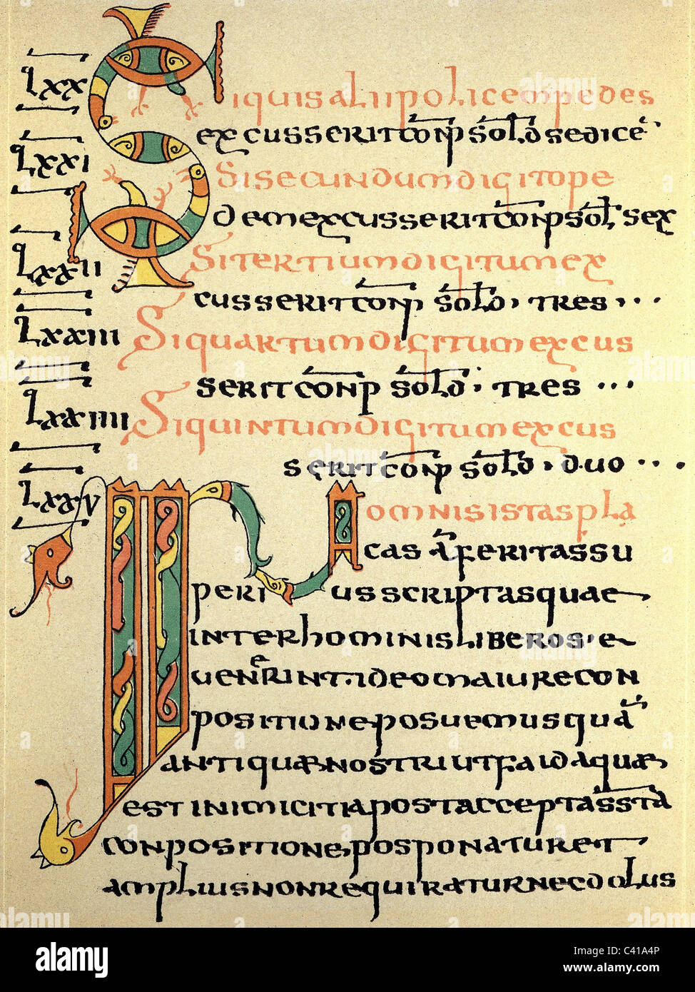 Middle Ages, Langobards, Langobardic law, edict of King Rothari from the year 643 AD, oldest handwriting of the Langobardic laws, between 671/736 AD, historic, historical, 7th century, Migration Period, diocese library of St. Gallen, replica, justice, rights, judicature, administration of justice, jurisdiction, calligraphy, initial, initials, medieval, Additional-Rights-Clearences-Not Available Stock Photo