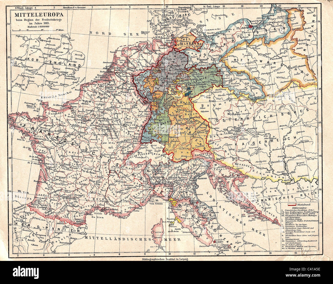 cartography, maps, map of Central Europe at the beginning of the War of the Sixth Coalition in 1813 , war of liberation, Napoleonic Wars, 19th century, historic, historical, Europe, map, maps, France, Germany, Prussia, Austria, Poland, Russia, Italy, England, Spain, Confederation of the Rhine, Additional-Rights-Clearences-Not Available Stock Photo