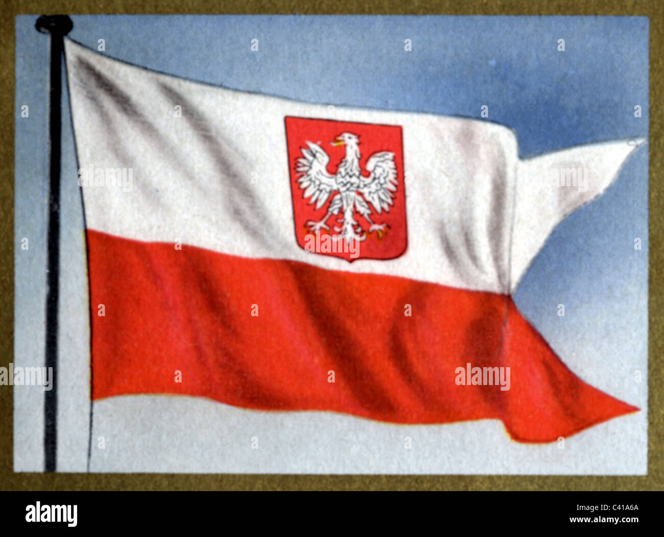 flags, Poland (republic), battle flag, 1919 - 1939 and since 1956, colour print, 1950s, 50s, standard, coat of arms, eagle, Stock Photo