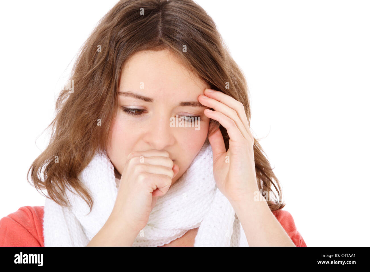 Attractive young woman feels unwell. All on white background. Stock Photo