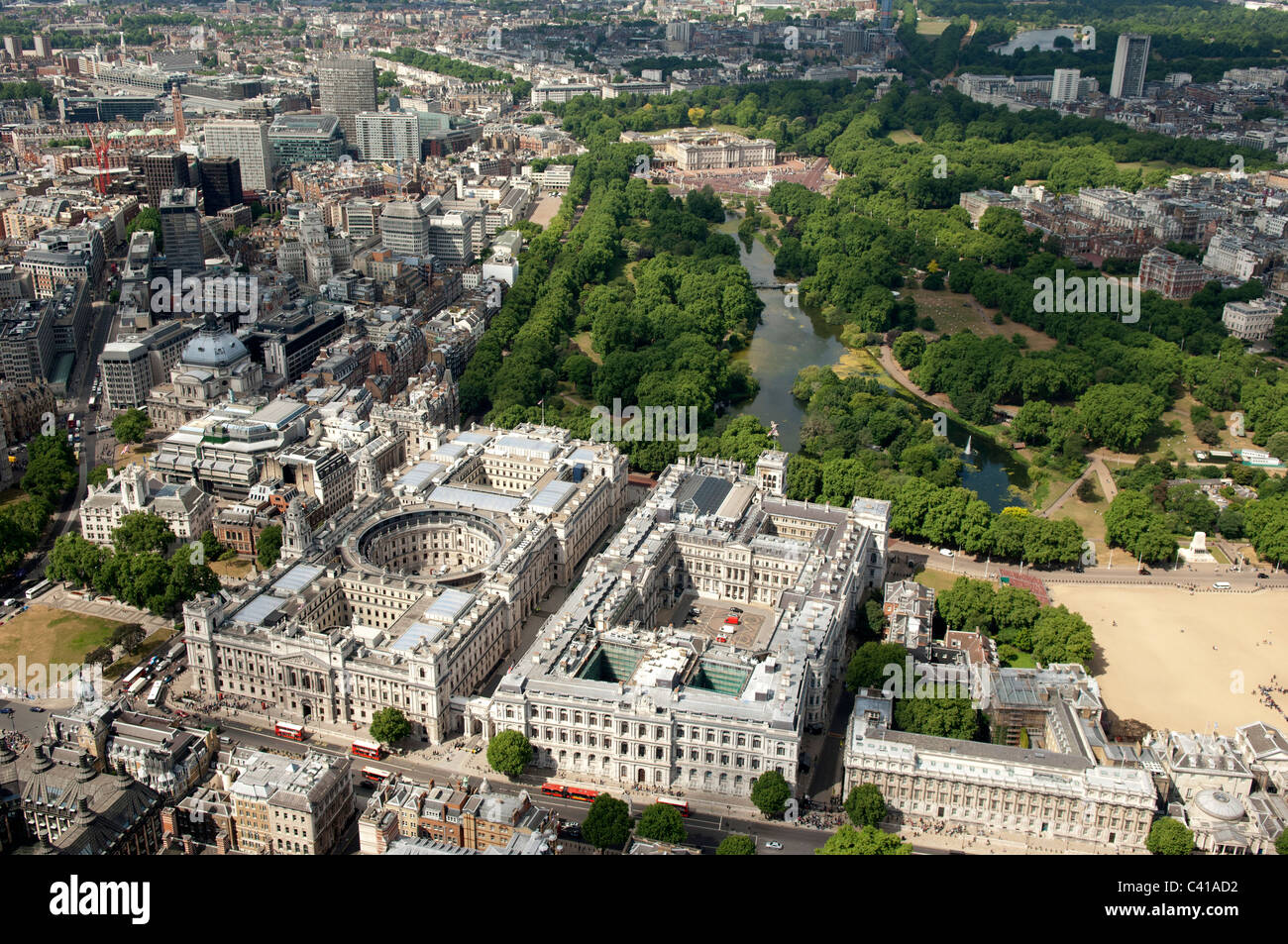 Whitehall, Downing Street and St James's Park as seen from the air. Stock Photo
