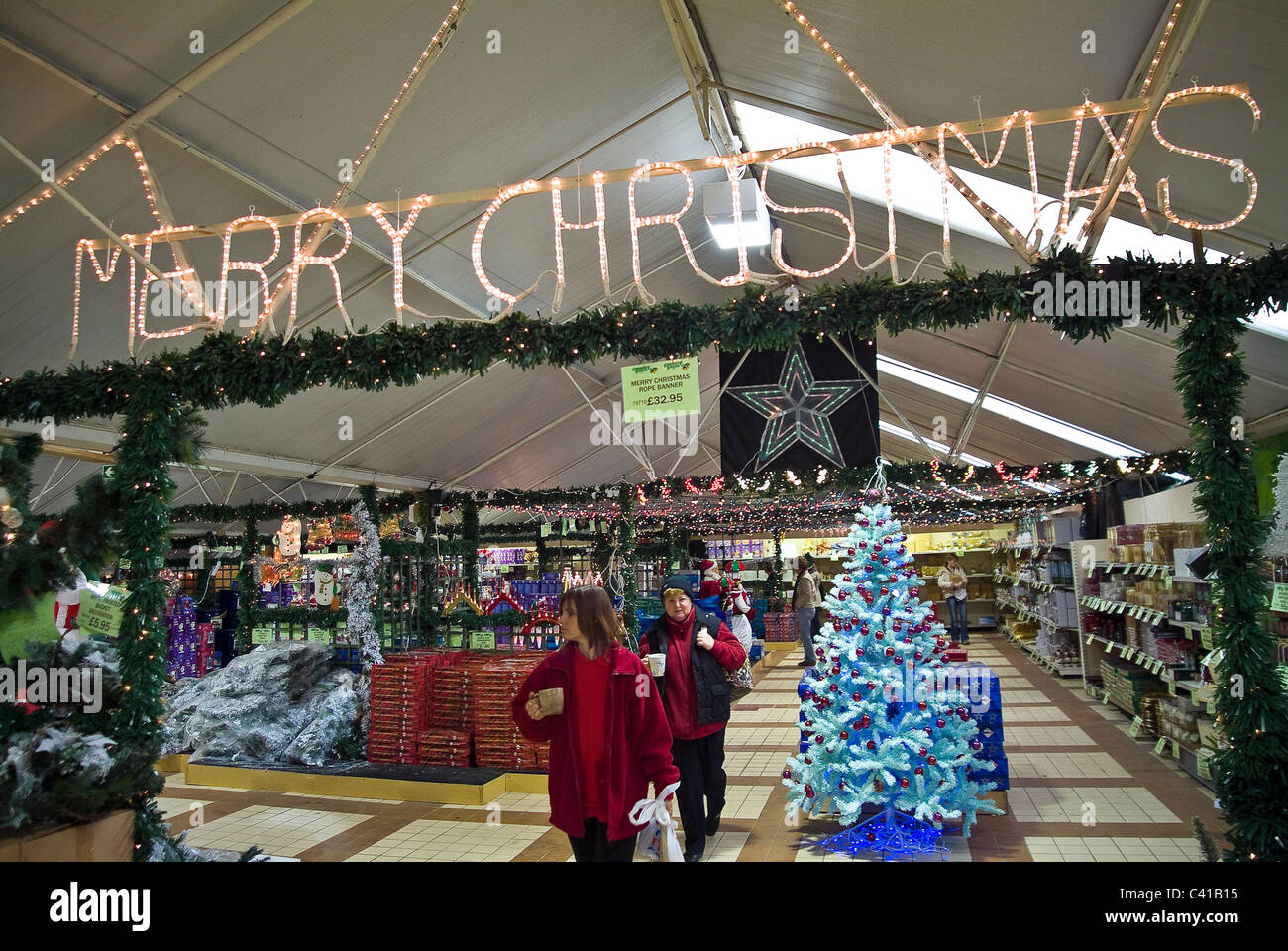 Tacky Christmas Decorations For Sale In A Gardening Centre Stock