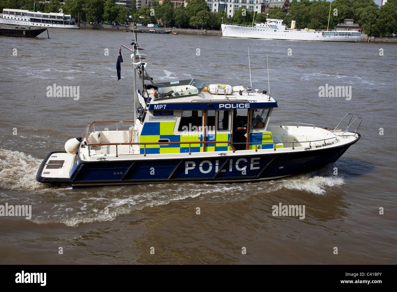 The Marine Police Force boat patrolling on the River Thames, London. Stock Photo