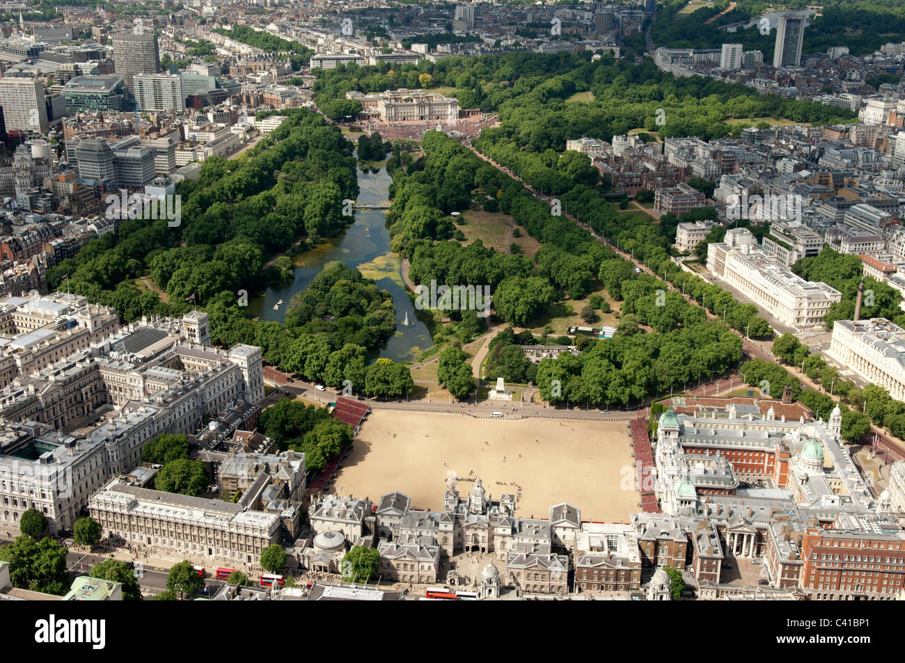 Horse Guards Parade and St James's Park from the air. Stock Photo