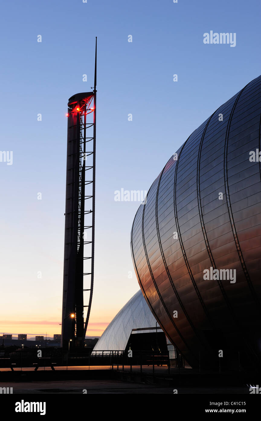 Glasgow Tower and Science Centre at dusk, Glasgow, Scotland Stock Photo