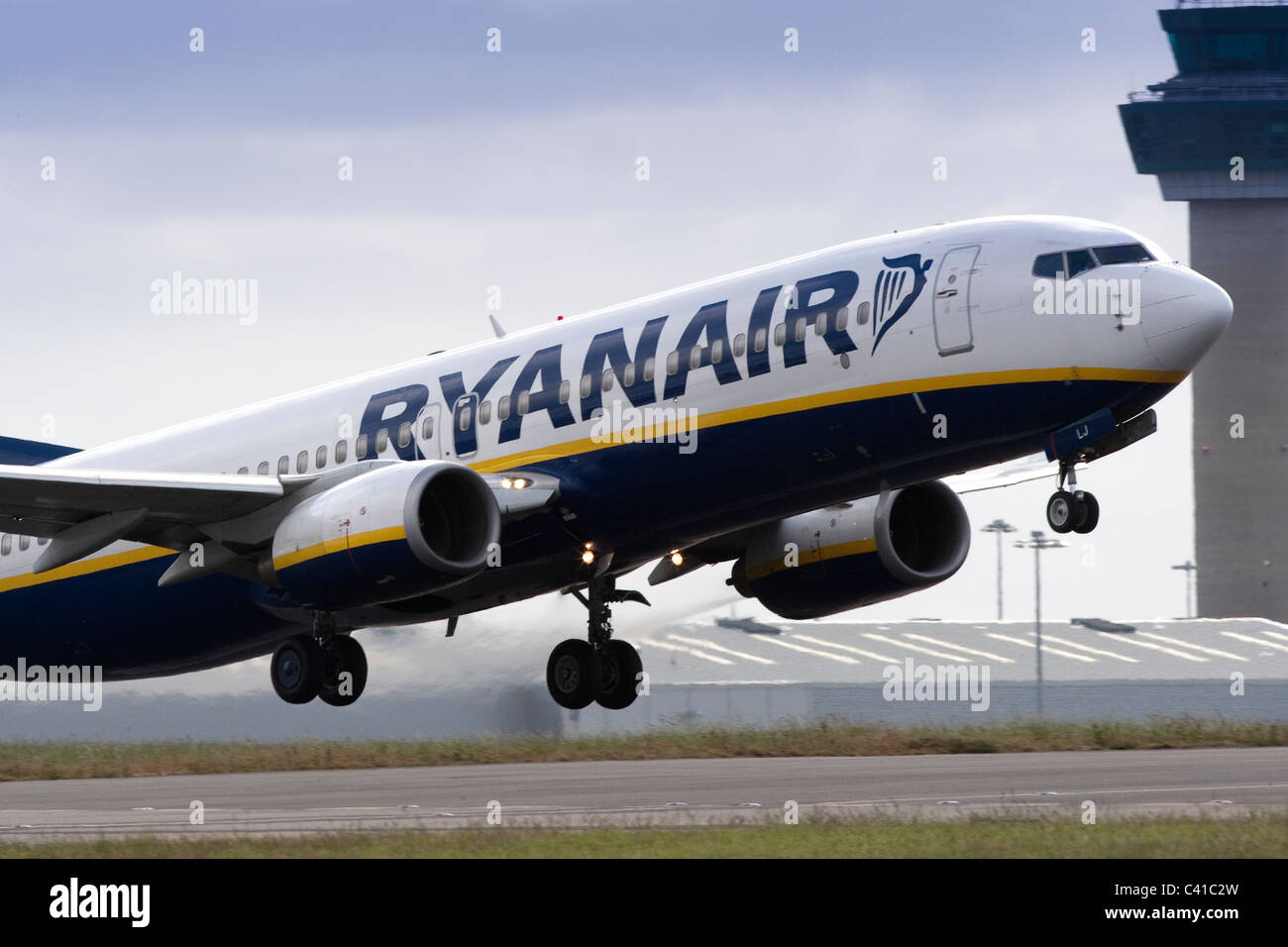Ryanair jet aircraft taking off from London Stansted Airport after row with the Civil Aviation Authority about the volcanic dust Stock Photo