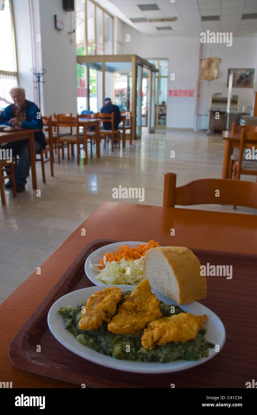 A meal of fried fish and mashed potatoes with spinach in a self service restaurant Pula the Istrian peninsula Croatia Europe Stock Photo