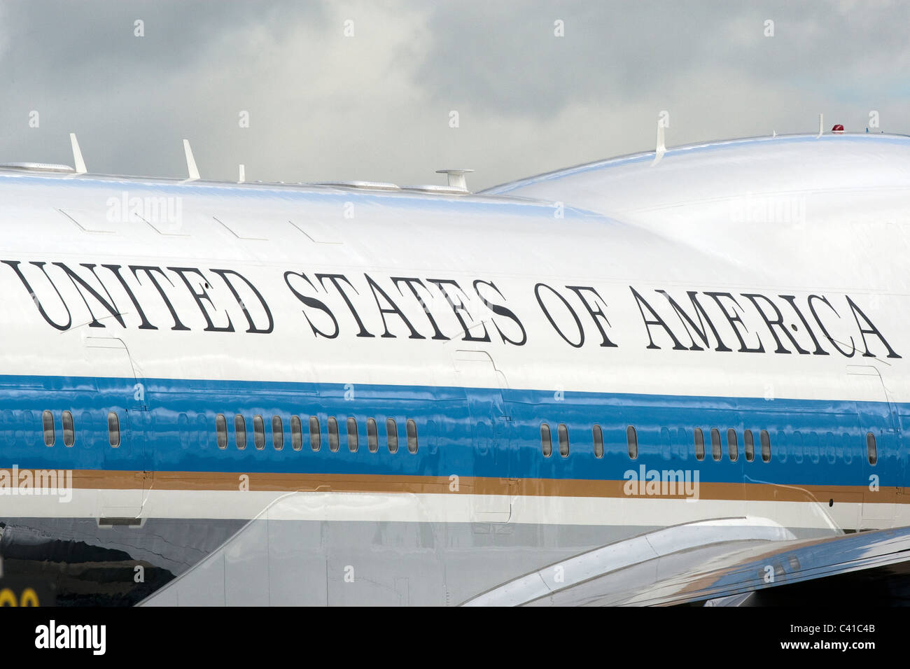Detail on US President Obama's official Boeing 747 Jumbo Jet with words United States of America Stock Photo