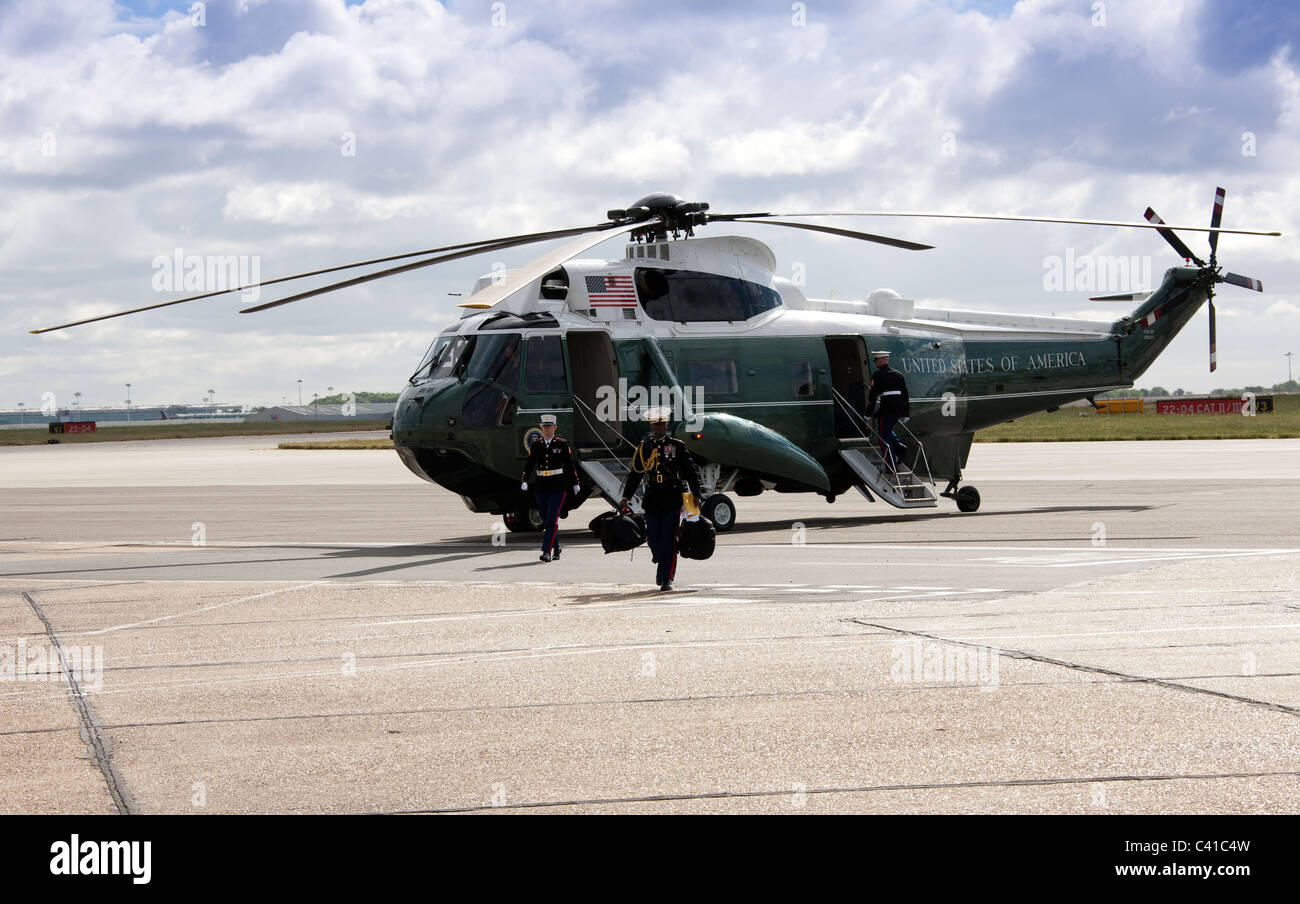 US Marines stand by President Obama's official helicopter Marine One at London Stansted Airport Stock Photo