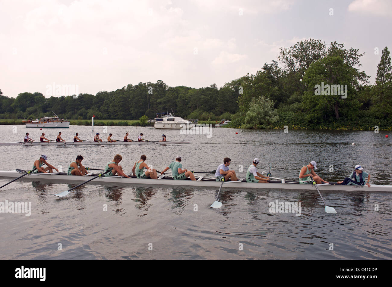 8-man rowing boats prepare to start a race at the Royal Henley Regatta ...