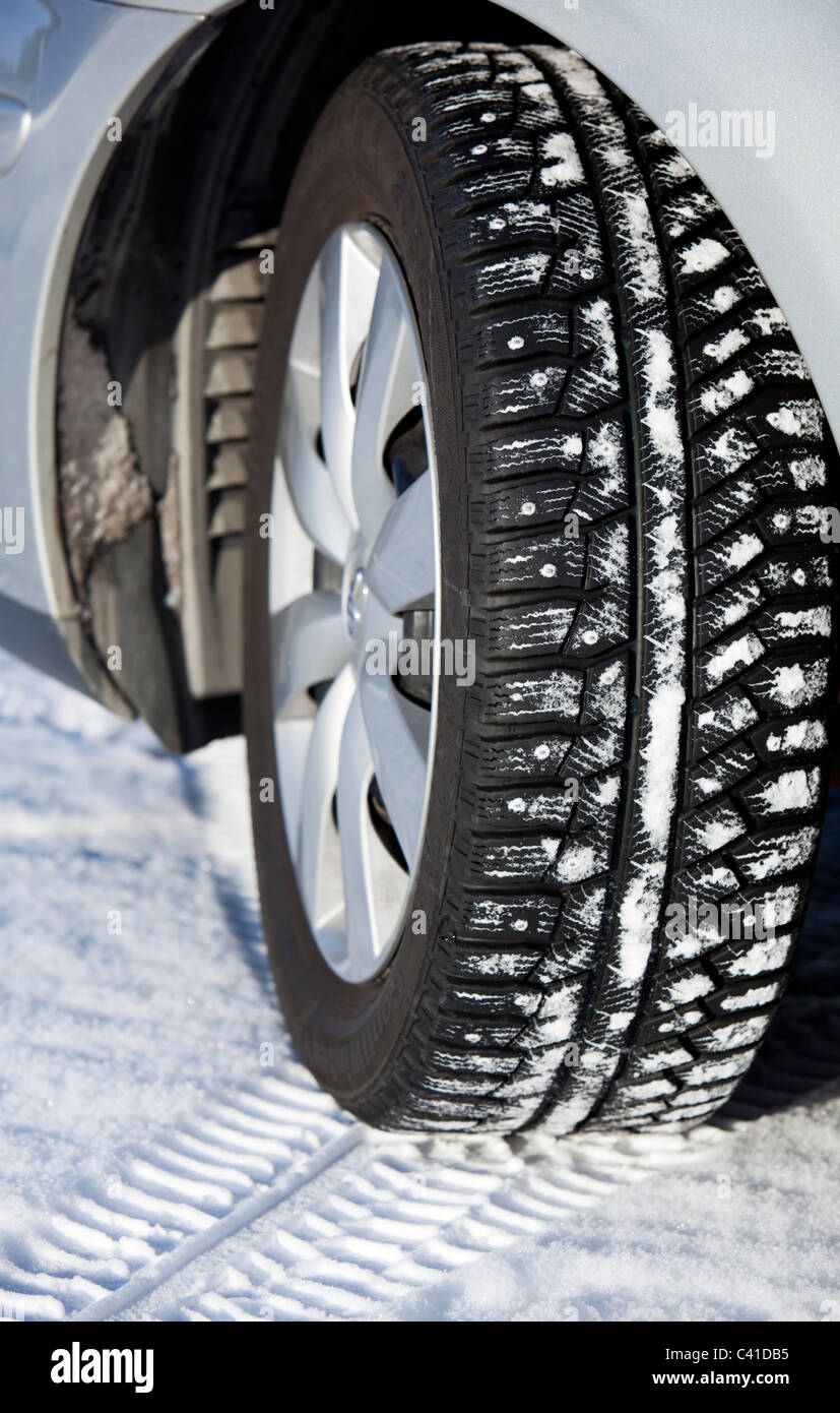 Close-up of a studded car winter tyre , Finland Stock Photo