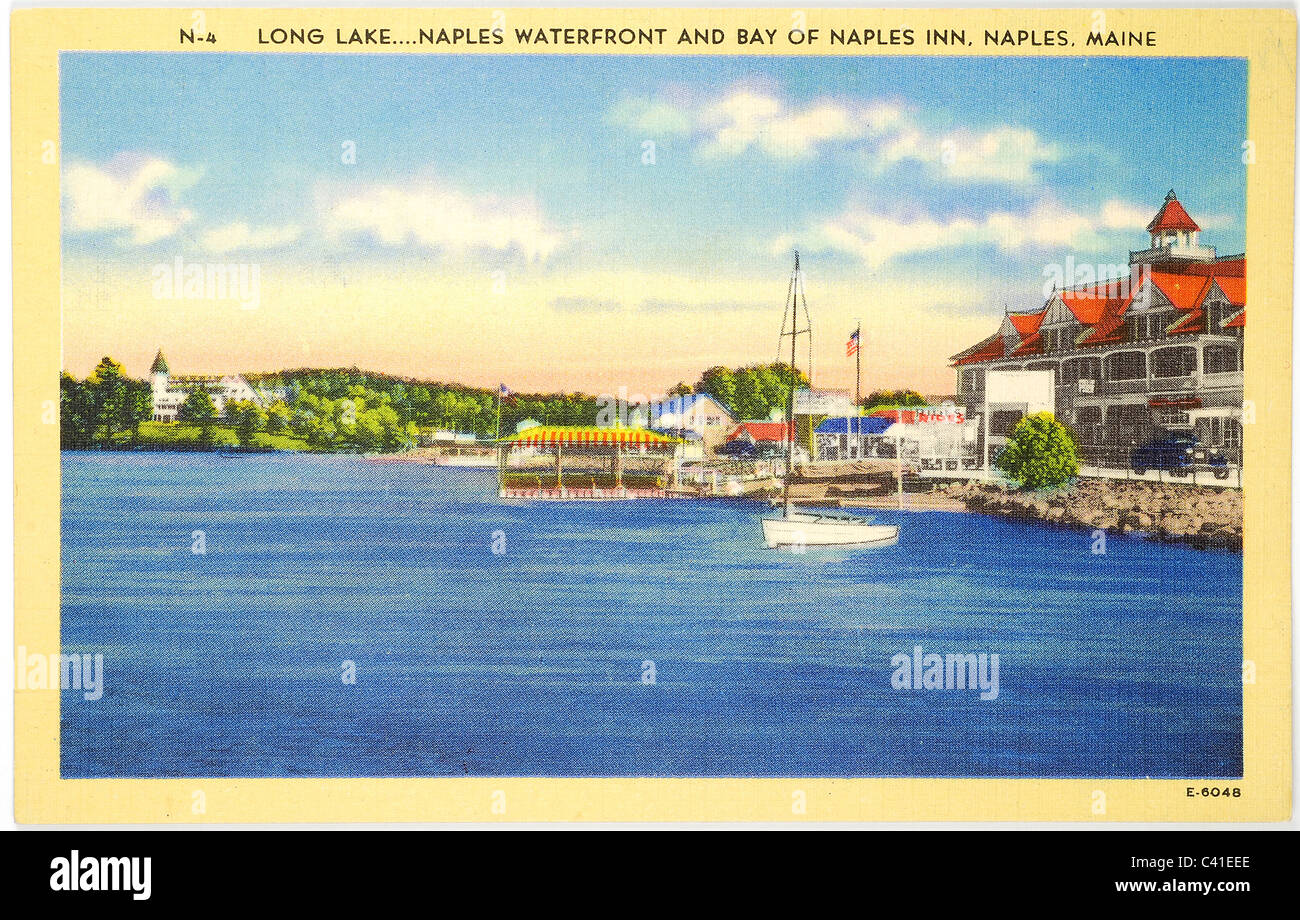 Long Lake, the Naples Waterfont, and Bay of Naples Inn at Naples, Maine, from a vintage linen post card Stock Photo