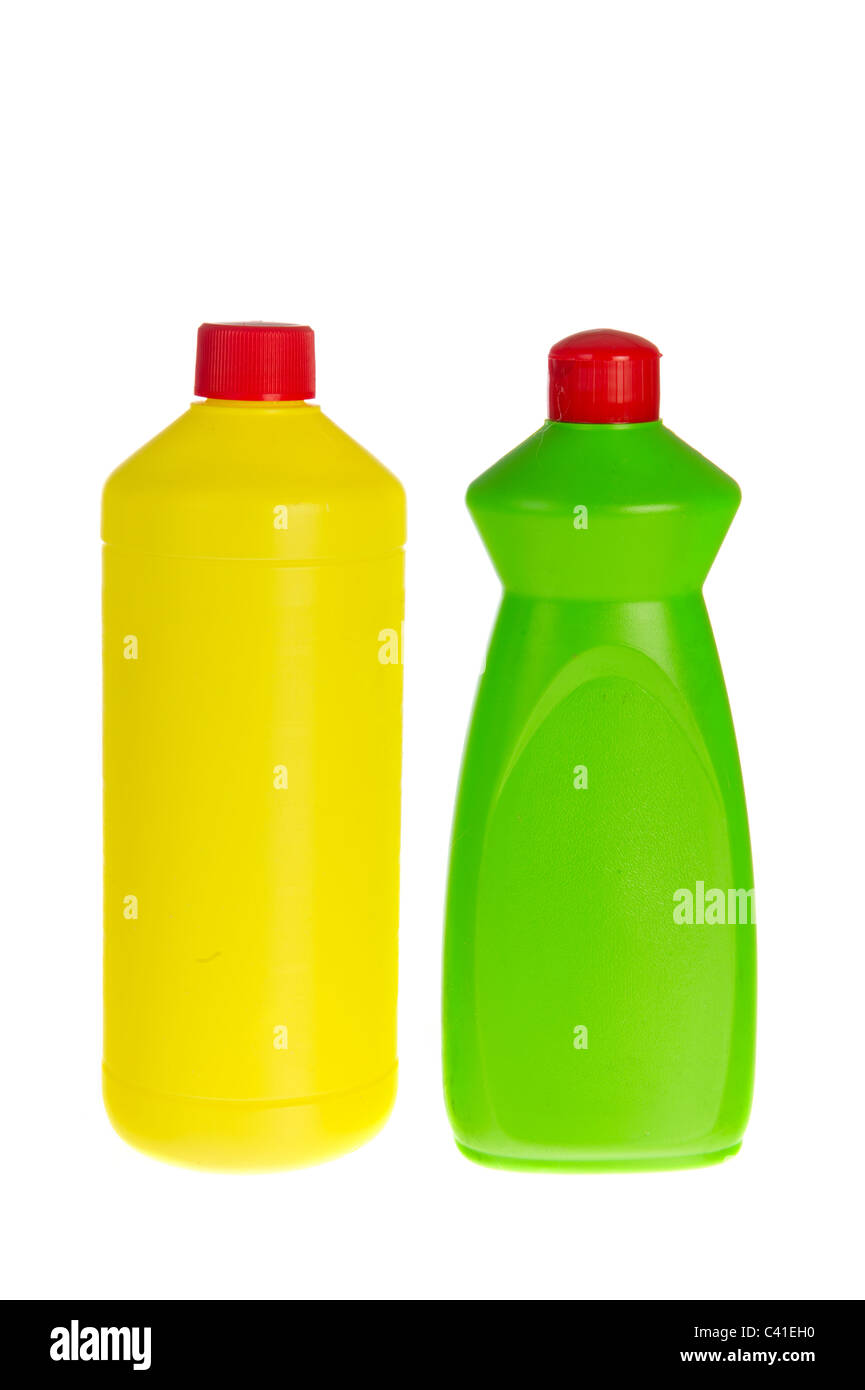 Two plastic bottles cleaning liquids as cleaner and bleach Stock Photo