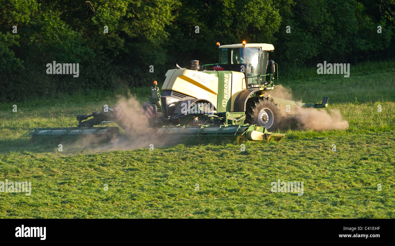 A Krone Big M 500 massive grass cutting machine working in drought conditions in the South of England. Stock Photo