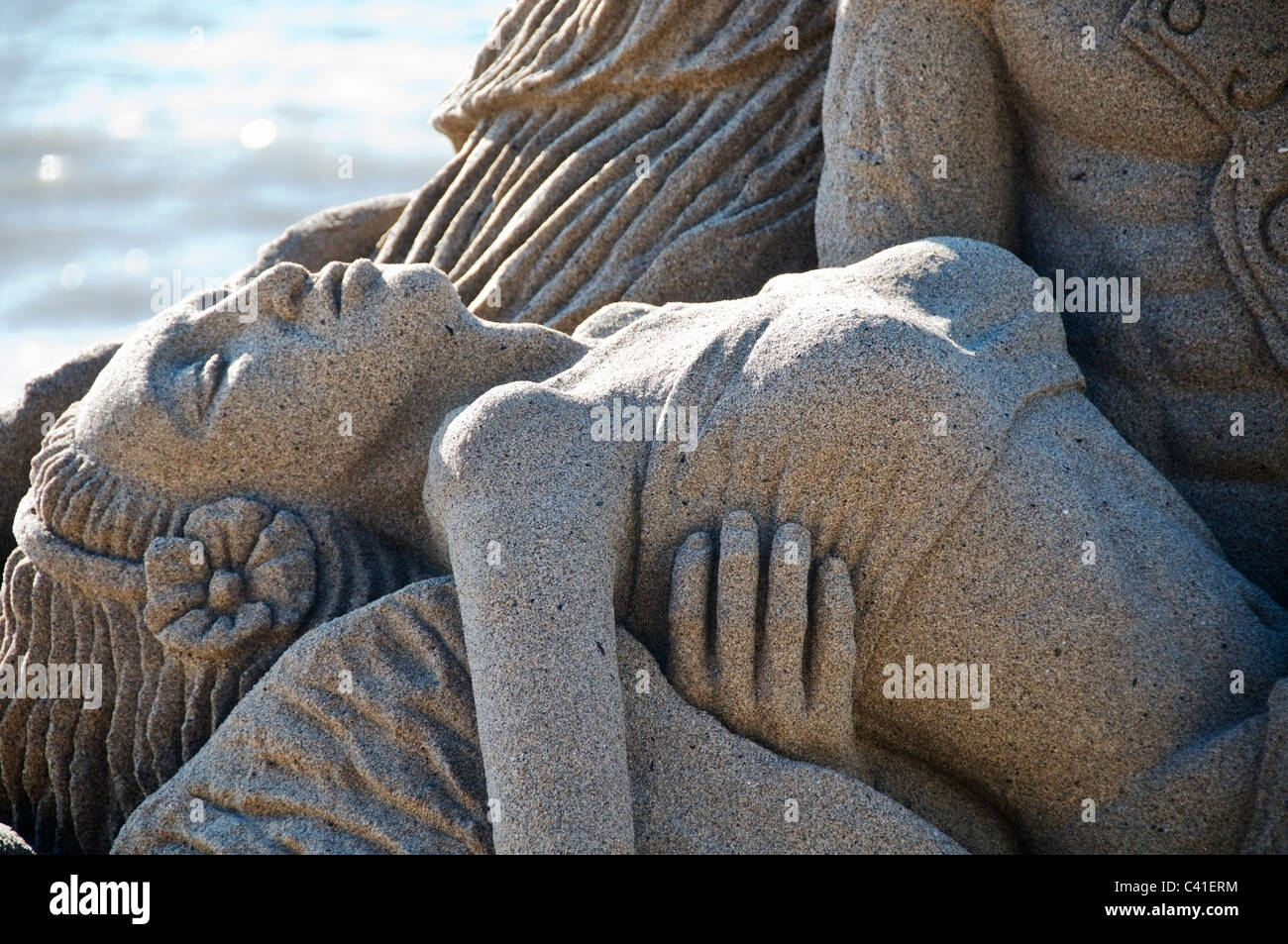Close-up portion of an elaborate sand sculpture on the beach near the Malecon in downtown Puerto Vallarta, Mexico. Stock Photo