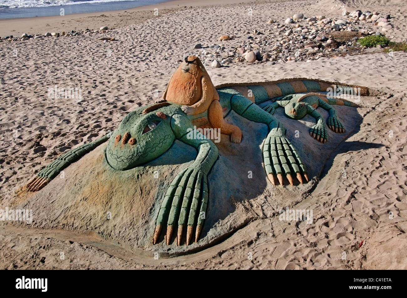 Elaborate sand sculpture on the beach near the Malecon in downtown Puerto Vallarta, Mexico. Stock Photo
