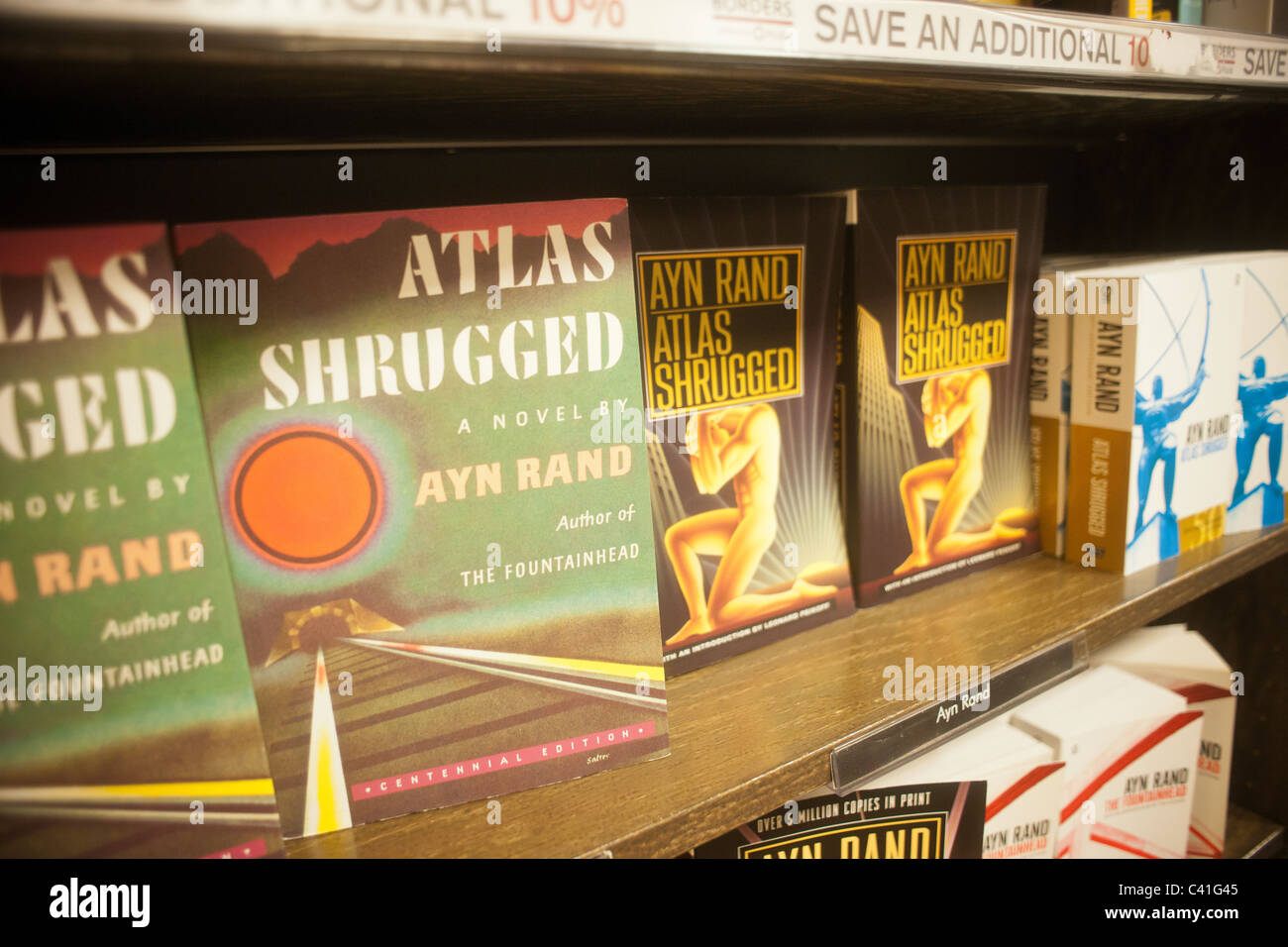 The 1957 novel Atlas Shrugged by Ayn Rand is seen on the shelves of a Borders bookstore in New York Stock Photo