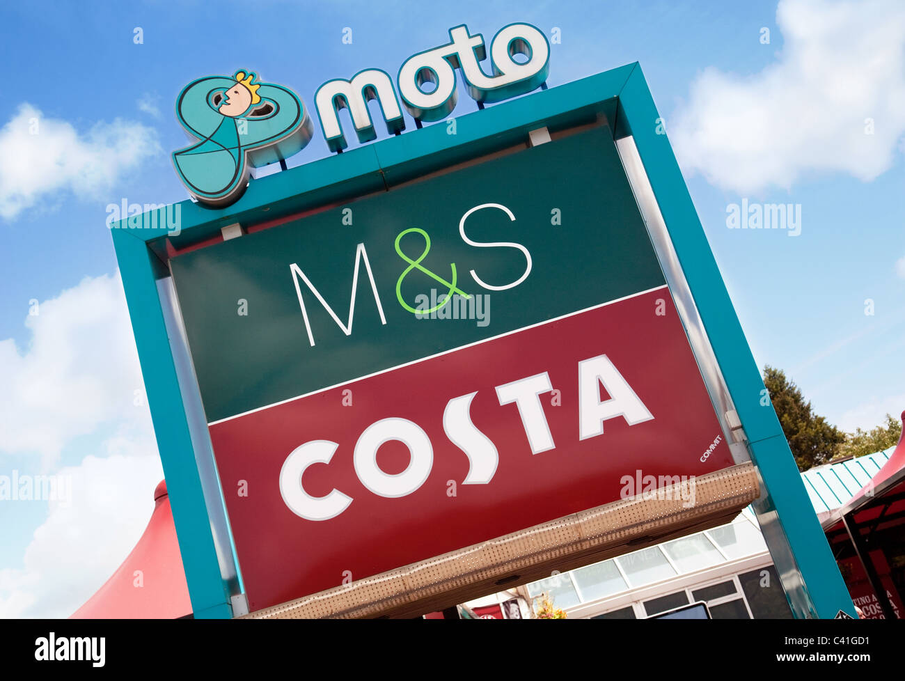 The sign for the Exeter motorway service station run by Moto, on the M5 in Devon, UK Stock Photo