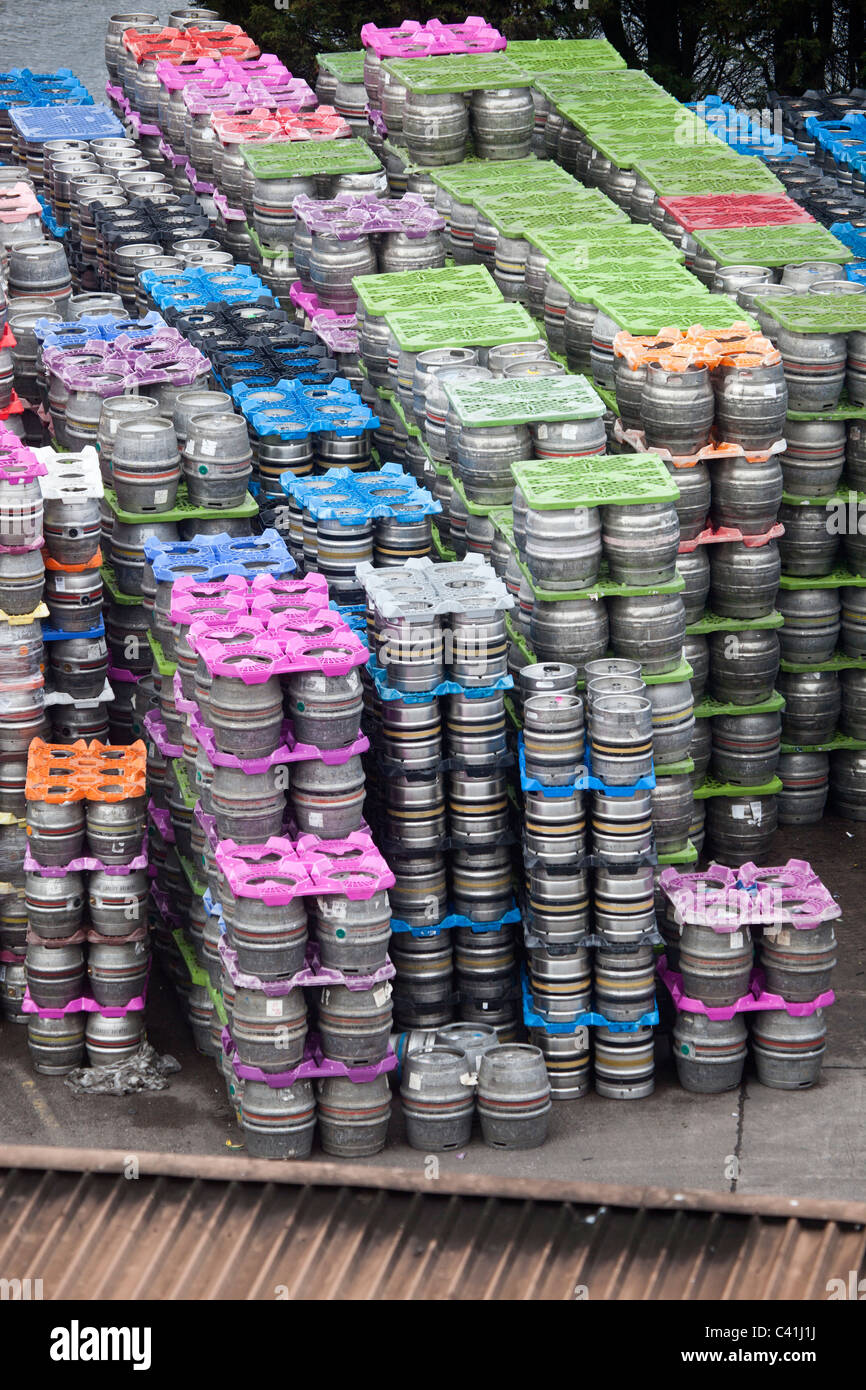 Stacks of Beer Barrels at Brains Brewery Cardiff South Wales UK Stock Photo