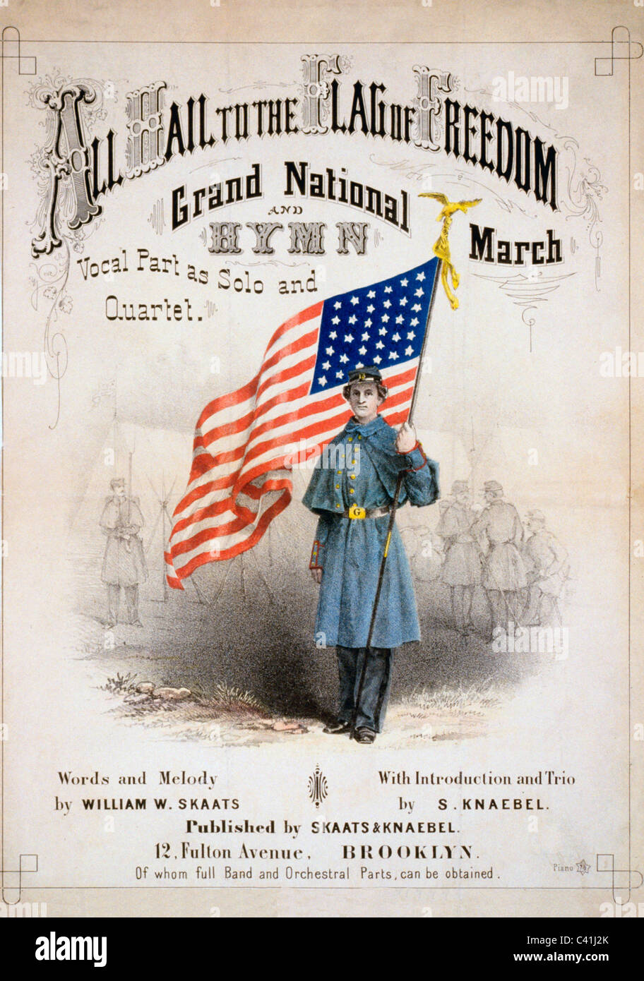 All hail to the flag of freedom -  Music cover showing Union soldier holding flag, circa 1861 Stock Photo