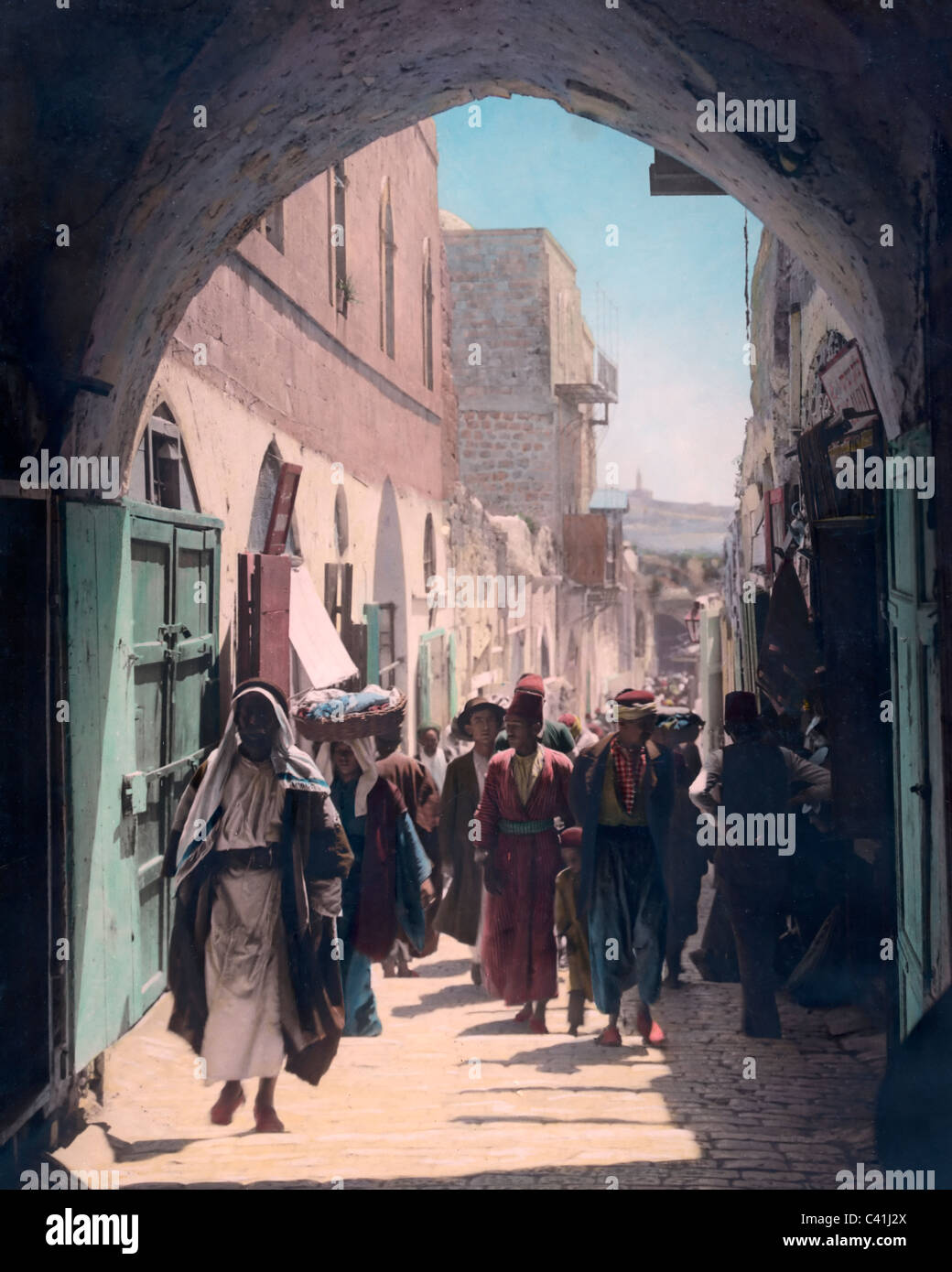 Crowds of people on the streets of Jerusalem, The Holy Land, circa 1915 Stock Photo Alamy