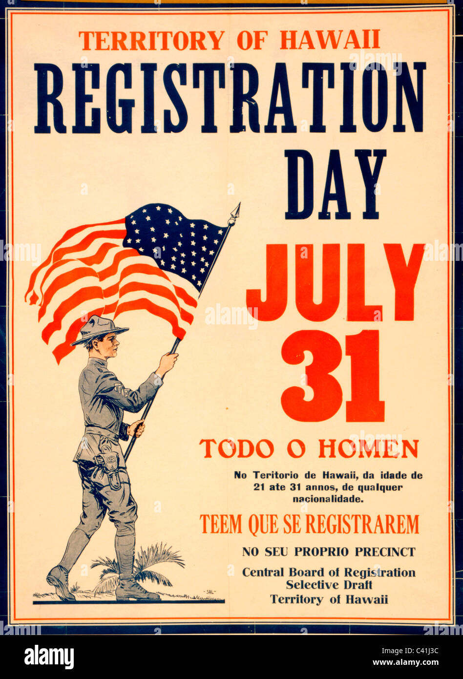 Territory of Hawaii registration day July 31, 1917 or 1918 - Registering for Selective Service Poster - World War I Stock Photo