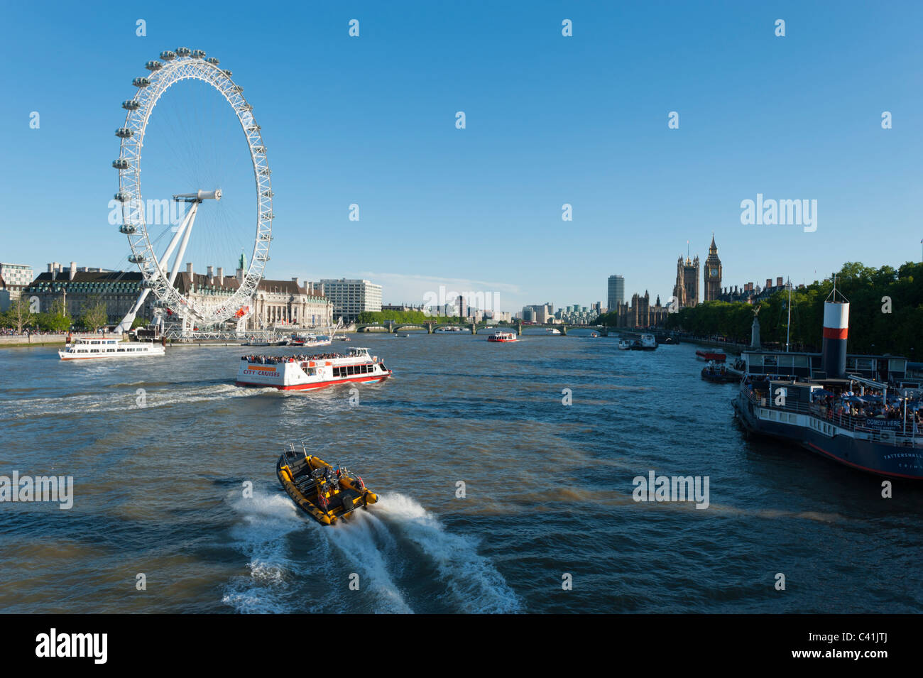 The River Thames in Central London, showing the London Eye, the Palace of Westminster and