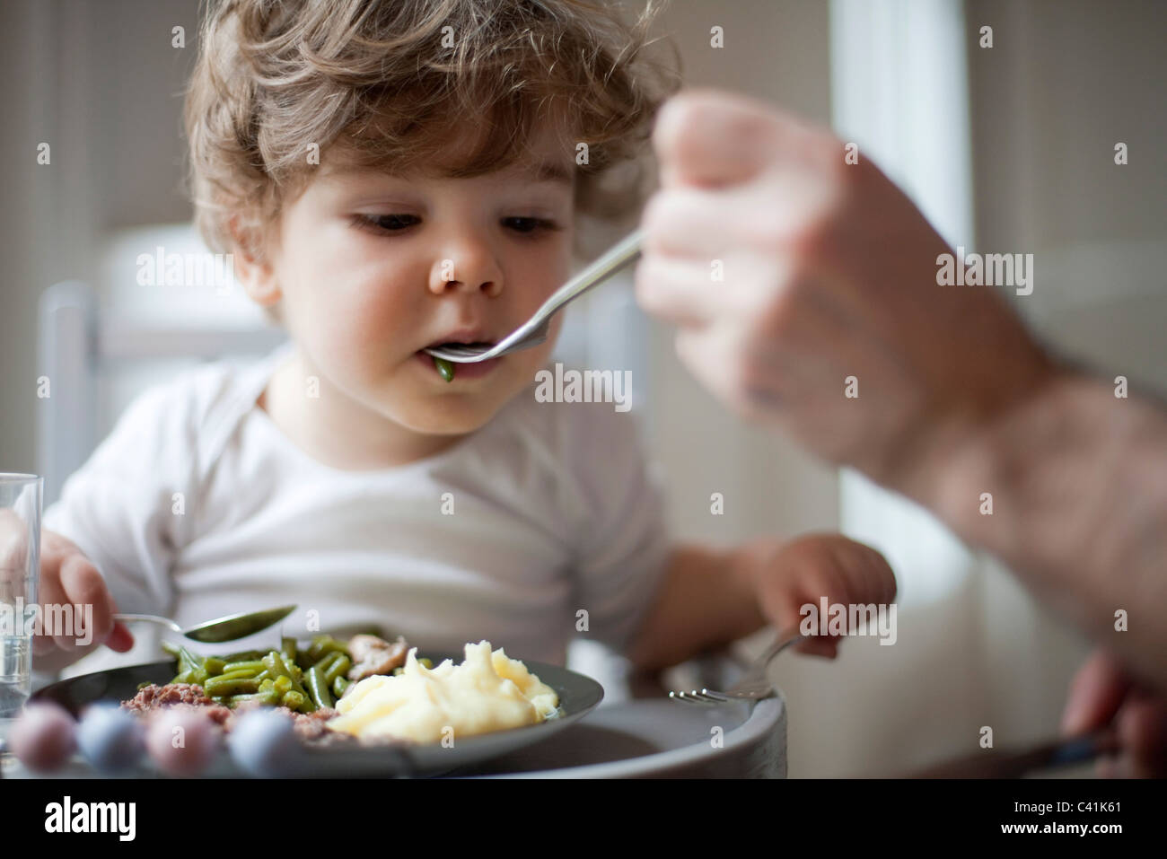Toddler boy being fed green beans, cropped Stock Photo Alamy