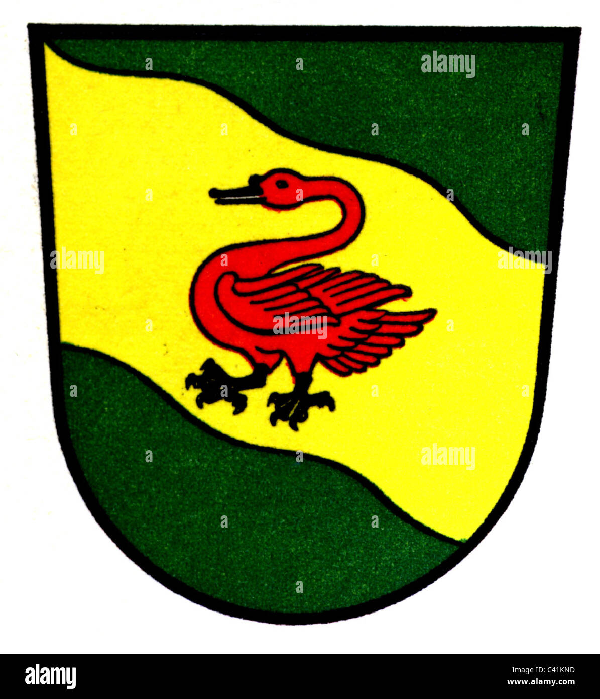 coat of arms / emblems, Gronau, district of Borken, city arms, North Rhine-Westphalia, Germany, heraldry, city, emblem, historic, historical, swan, swans, bird, birds, heraldic animal, heraldic animals, red, yellow, green, North Rhine-Westphalia, North-Rhine, Rhine, Westphalia, Nordrhein-Westfalen, Nordrhein-Westphalen, Additional-Rights-Clearences-Not Available Stock Photo