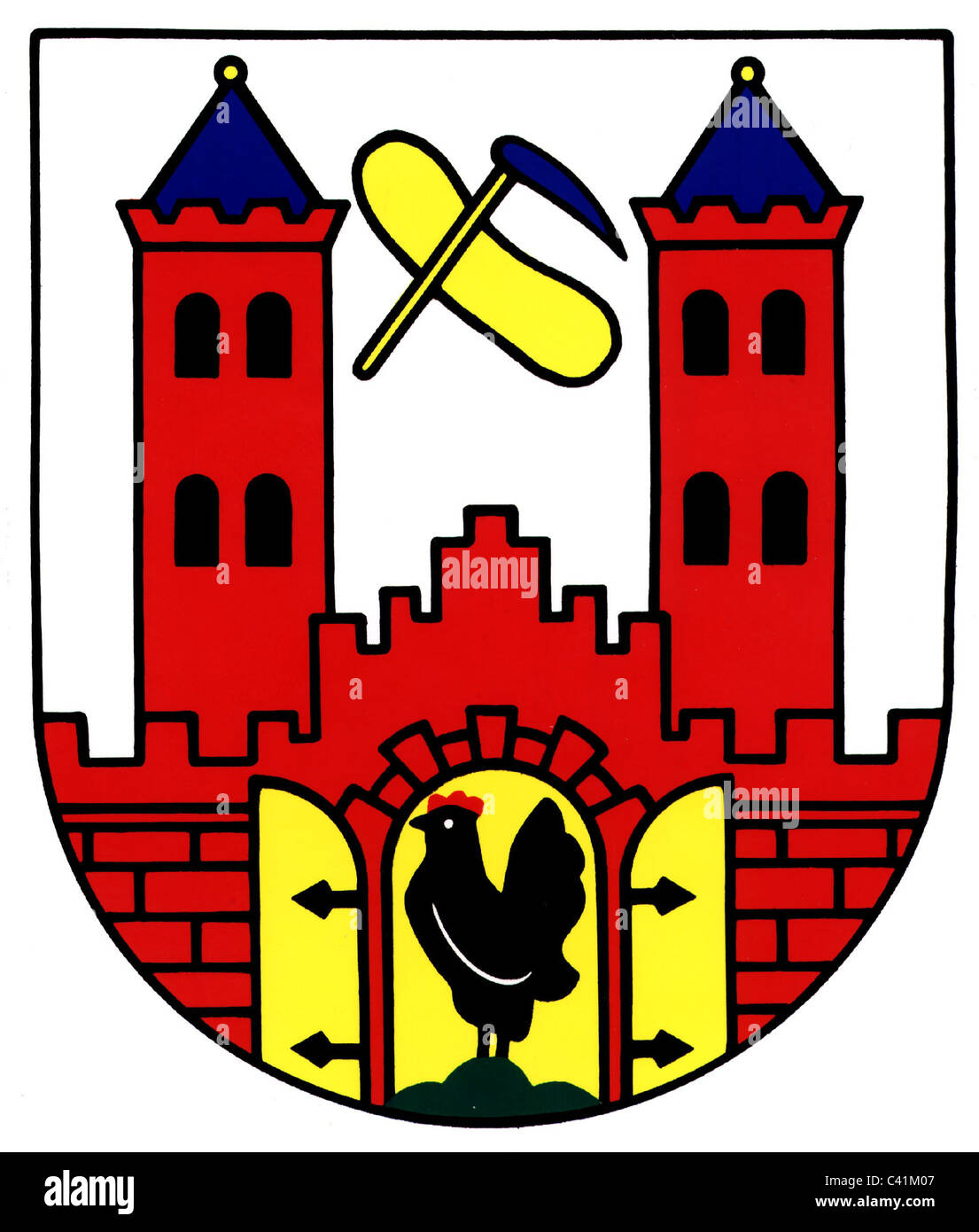 coat of arms / emblems, Suhl, city arms, Thuringia, Germany, heraldry, city, emblem, emblems, clipping, cut out, cut-out, cut-outs, heraldic animal, heraldic animals, city wall, city walls, hen, hens, city gate, city gates, tower, towers, hoe, black, red, white, blue, yellow, Central Germany, Germany, Central Europe, Europe, historic, historical, Additional-Rights-Clearences-Not Available Stock Photo