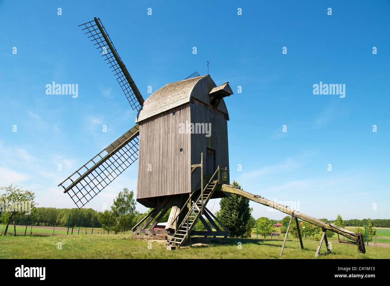 Post mill (1747) near Neuenknick. The mill belongs to the mill street of Minden-Luebbecke. Stock Photo