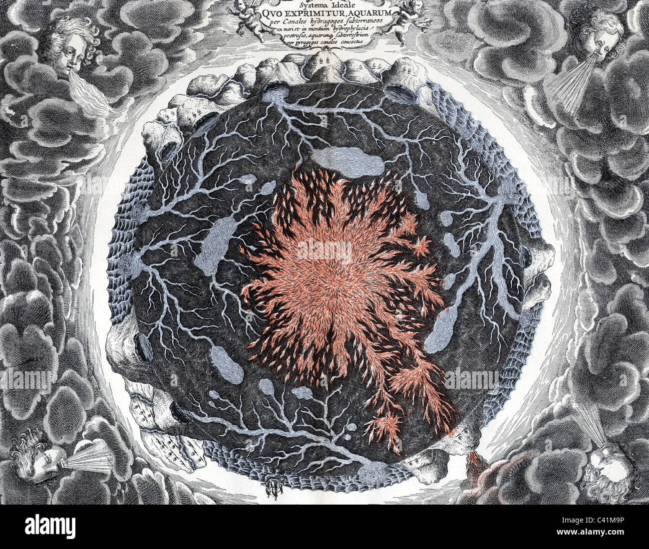 science, geology, central fire with lakes and rivers of the underworld, 'Mundus subterraneus', by Athanasius Kircher, 1665, Additional-Rights-Clearences-Not Available Stock Photo