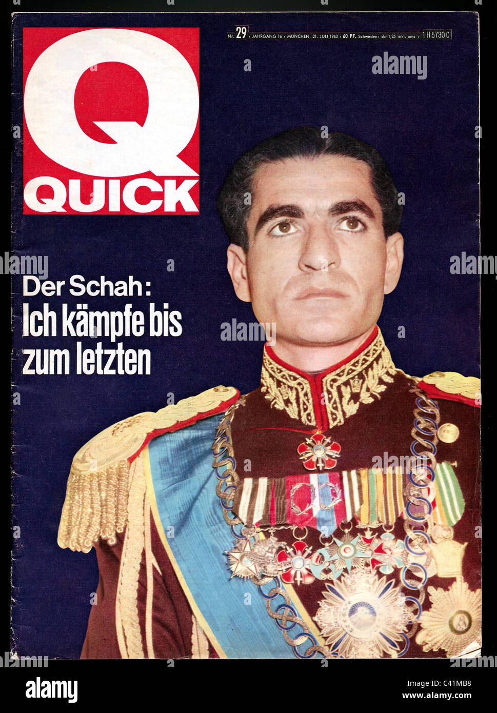 tekort Matrix climax magazine "Quick", number 29, volume 16, Munich, 21.7.1963, title: catch  line, "The Shah: Ich kämpfe bis zum letzten" (I'm fighting until the end),  Additional-Rights-Clearences-Not Available Stock Photo - Alamy