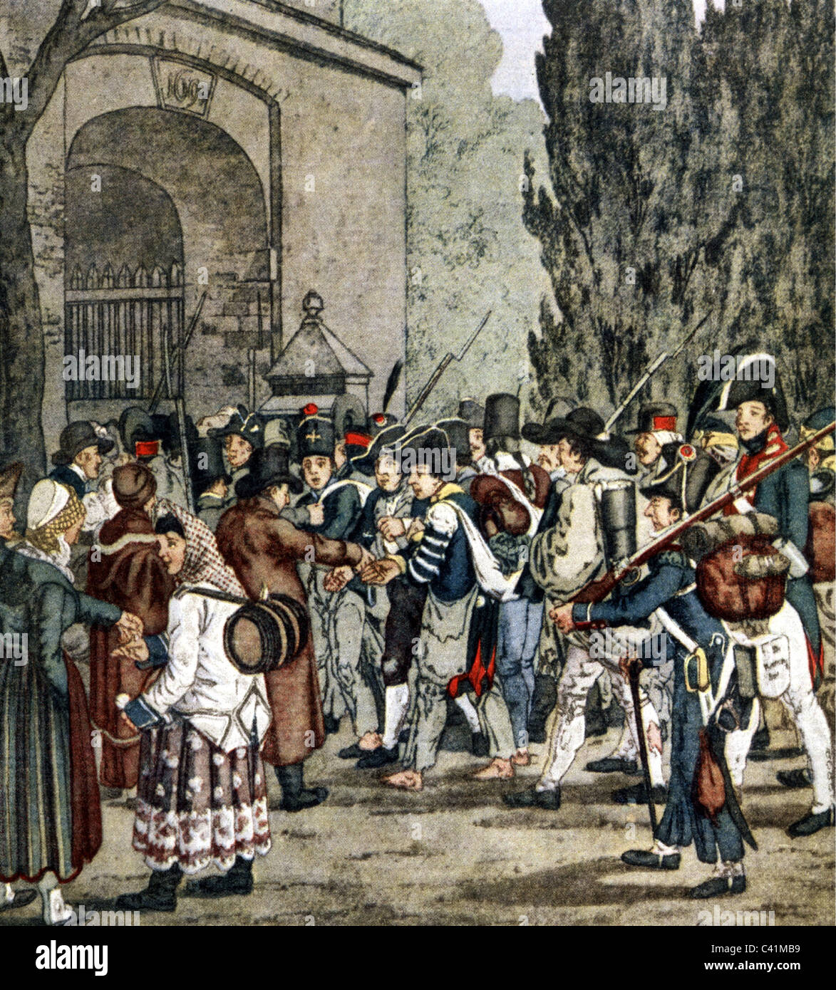 events, War of the Fourth Coalition 1806/1807, Prussian prisoners are brought to Leipzig by the French after the Battle of Jena-Auerstedt, October 1806, coloured copper engraving by C.G.H. Geissler, Jena, Auerstedt, Napoleonic Wars, Prussia, France, begging, defeat, historic, historical, soldiers, Saxony, uniform, military, uniforms, 19th century, people, Additional-Rights-Clearences-Not Available Stock Photo