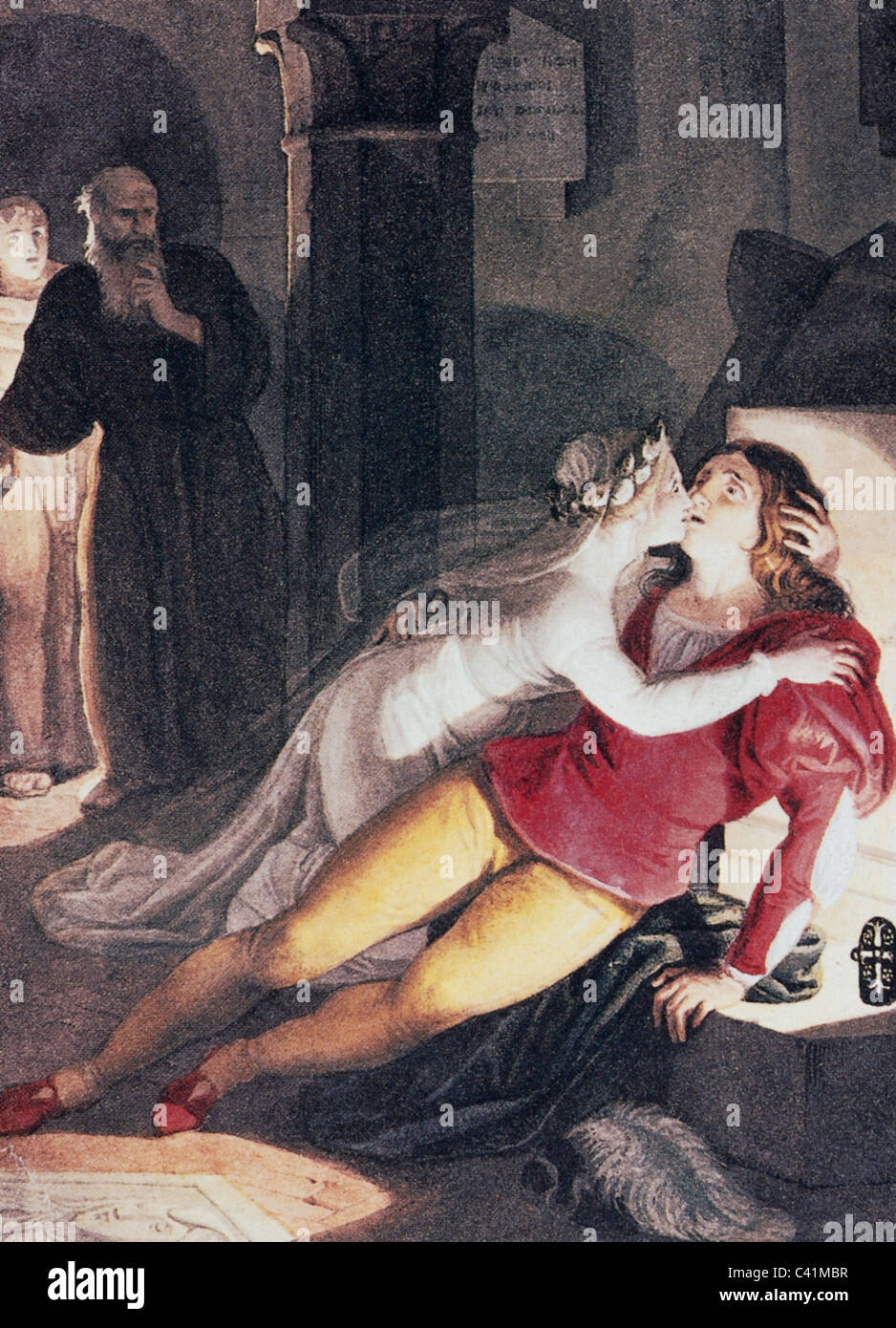 literature, 'Romeo and Juliet', novel by Tommaso Guardati Masuccio, 1476, Juliet embracing the dying Romeo, watercolour by Vitale Sala (1803 - 1835), watercolour on paper, 2,80 x 2,16 cm, 'Romeo i Giuletta', lovestory, later edition by Luigi da Porto 1524, Matteo Bandello 1554 and William Shakespeare 1597, Additional-Rights-Clearences-Not Available Stock Photo