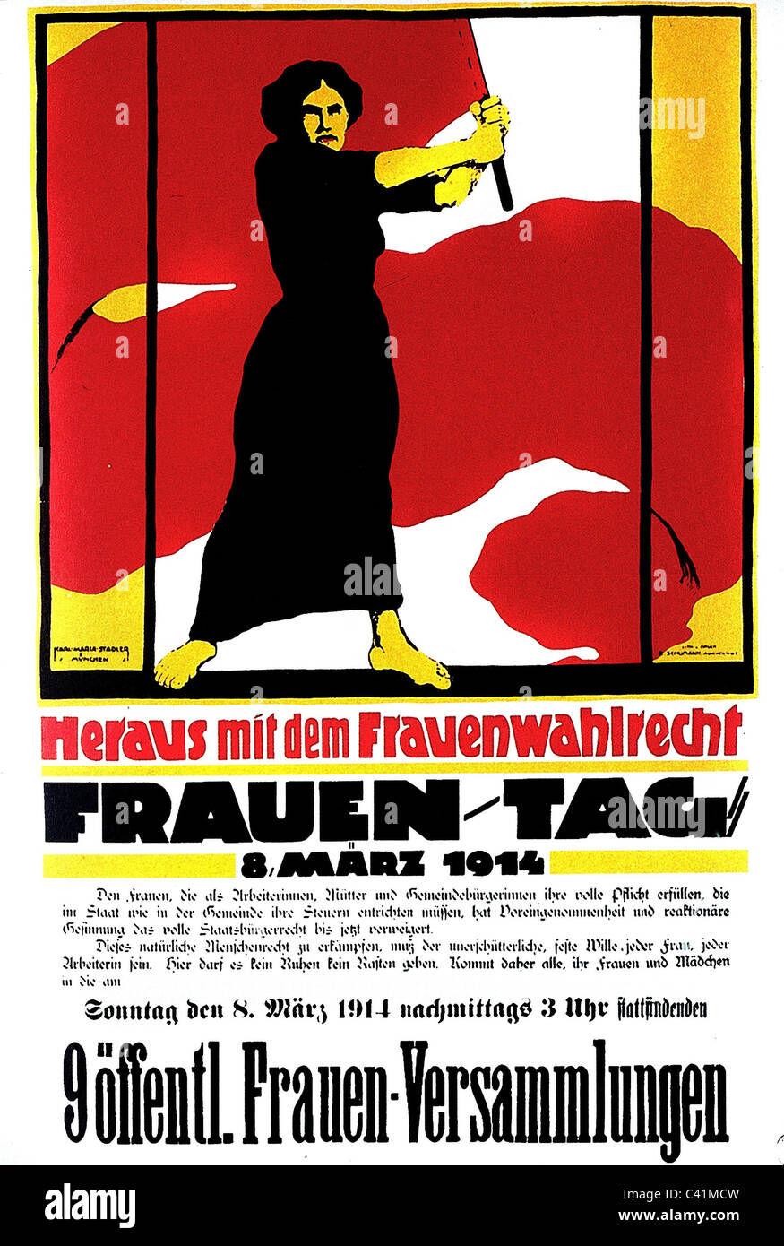 people, women, women's movement, poster, International Women's Day, Munich, 8.3.1914, design by Carl Maria Stadler, Additional-Rights-Clearences-Not Available Stock Photo