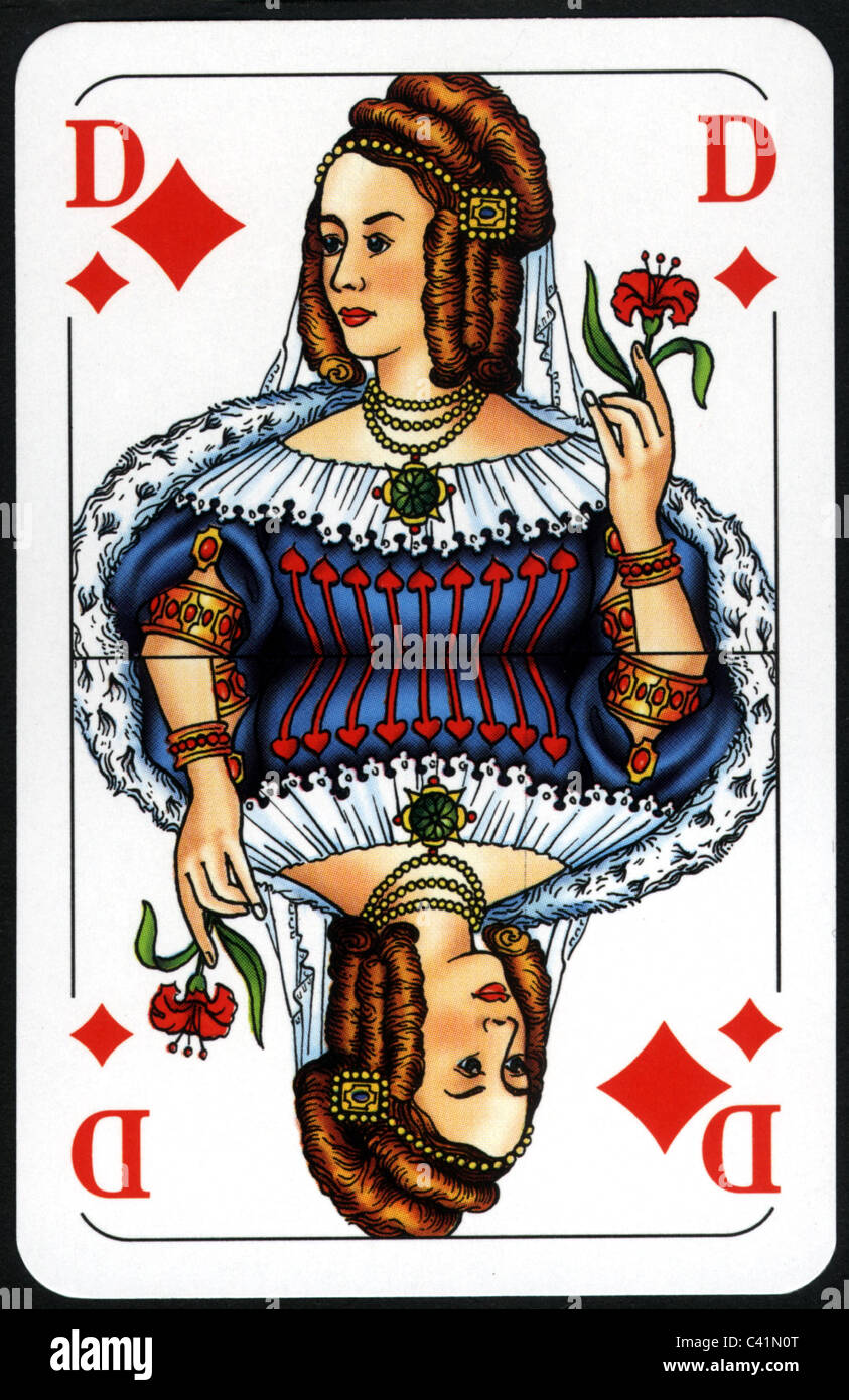 game, playing card, diamonds queen, card game, card games, playing card, playing cards, card, cards, French, queen of diamonds, Stock Photo