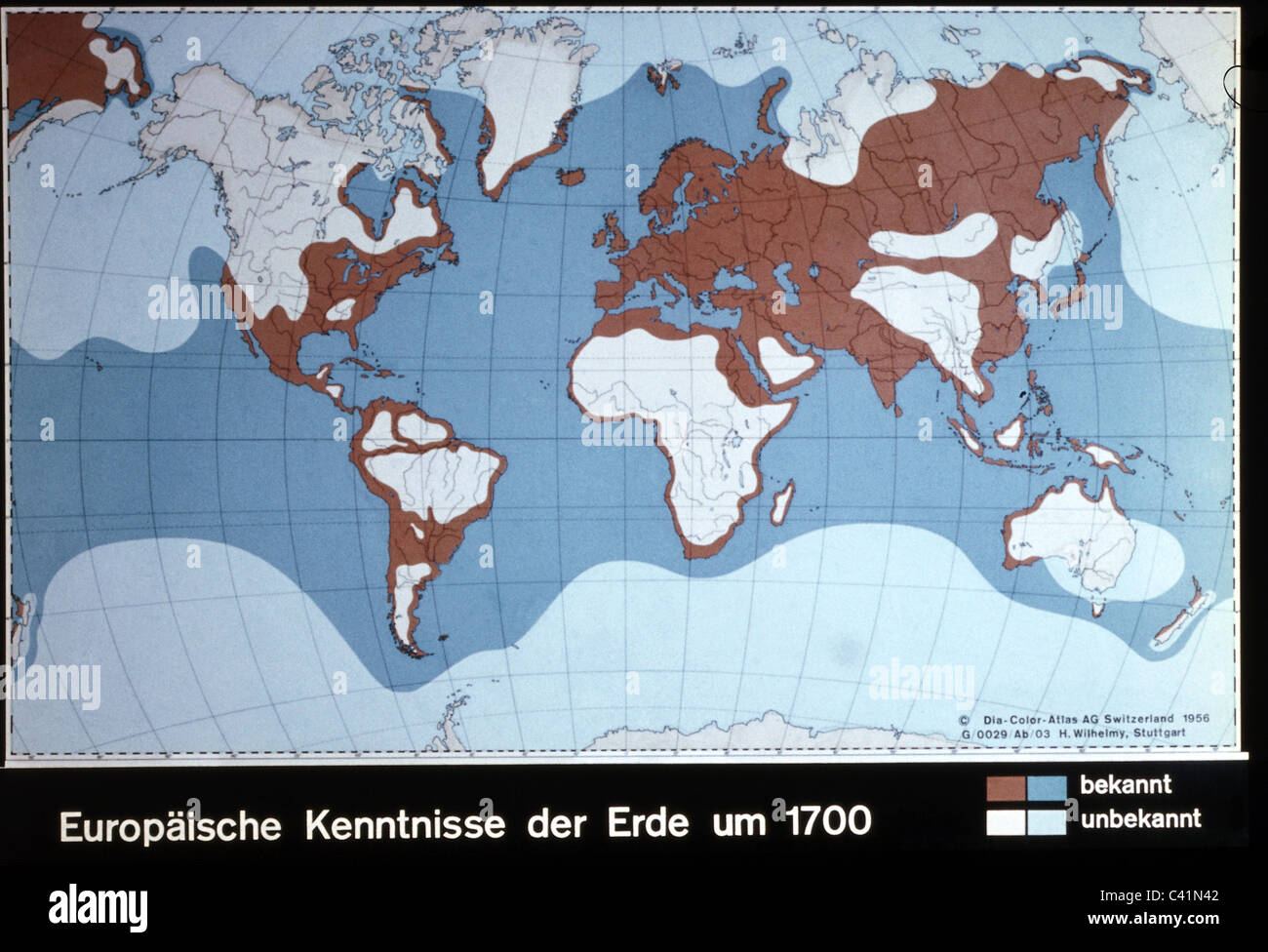 cartography, historical map, modern times, parts of the world known (brown  and blue) and unknown (white) to Europeans, circa 1700,  Additional-Rights-Clearences-Not Available Stock Photo - Alamy