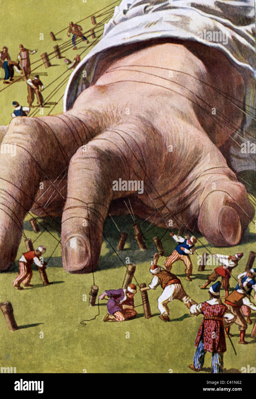 literature, fairy tale, 'Gulliver's Travels', by Jonathan Swift, fixing the hand of Gulliver, drawing by Ernst Rutzer, Additional-Rights-Clearences-Not Available Stock Photo