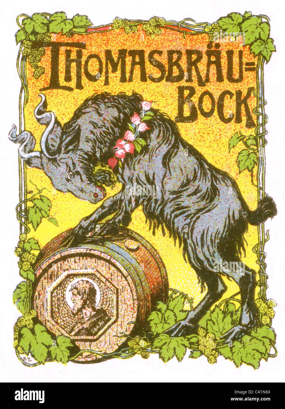advertising, beer, Thomasbraeu - Bock, poster stamp, Munich, circa 1900, Additional-Rights-Clearences-Not Available Stock Photo