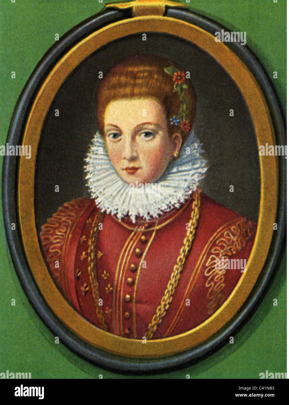 Maria de Medici, 26.4.1573 - 3.7 1642, Queen Consort of France 5.10.1600 - 15.4.1610, Regent 14.5.1610 - 2.5.1617, portrait, print after miniature, 17th century, cigarette card, Germany, 1933, , Stock Photo