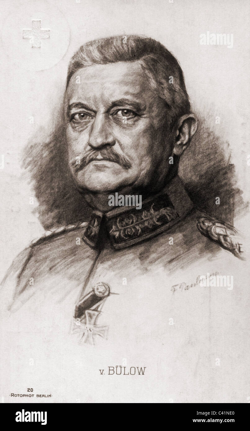 Buelow, Karl von, 24.3.1846 - 31.8.1921, German general, commanding general of 2nd Army August 1914 - March 1915, portrait, drawing by F. Paulmann, postcard, 1915, , Stock Photo