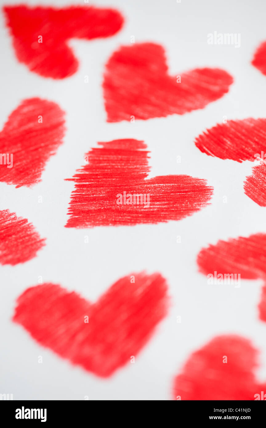 Red coloured love hearts. Coloured pencil drawing Stock Photo