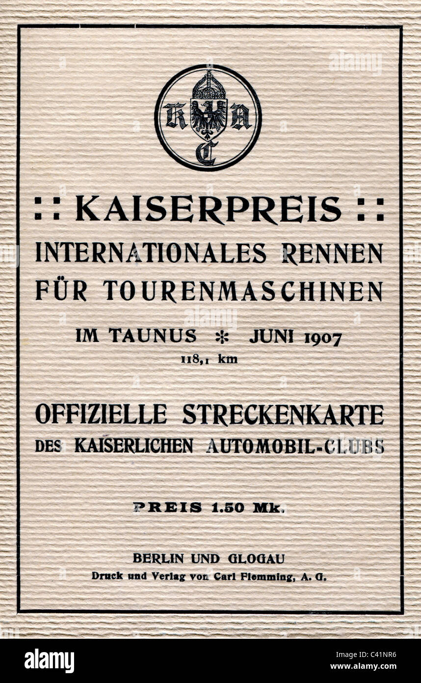 sport, car racing, Kaiserpreis (Emperor's Prize) 1907, course map, title, June 1907, Kaiserpreisrennen, Taunus, Oberursel, Weilburg, Hesse, Germany, 20th century, historic, historical, 1900s, Additional-Rights-Clearences-Not Available Stock Photo
